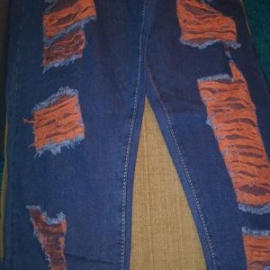 Women's Plus Size Blue Jeans w/Orange Distress